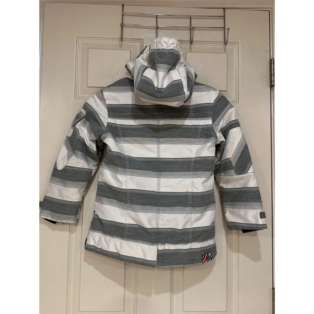 Obermeyer Kids Grey White Striped Insulated Ski Jacket Size 6 Juniors Hooded